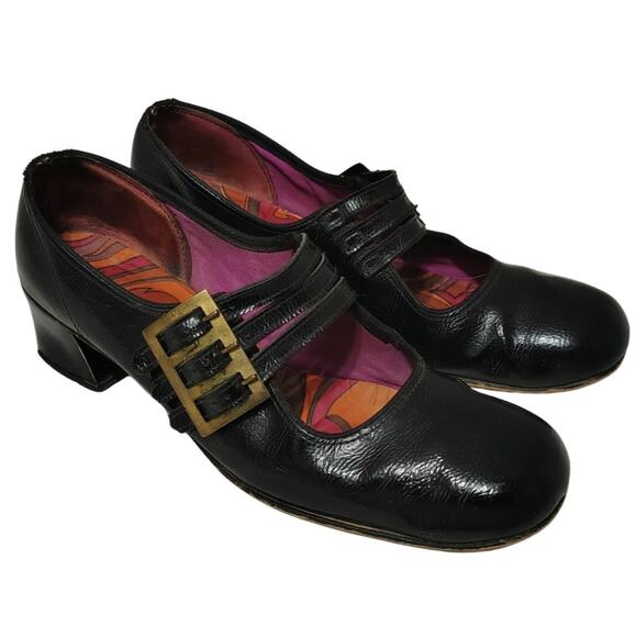 60s Mary Janes Black Leather Square Toe Block Heel Womens Shoes Vintage Size 7